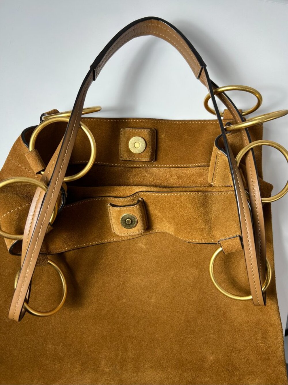 TORY BURCH Farrah Suede Tote Bag - Classic Brown/Tiramisu with Gold Hardware - Picture 9 of 10
